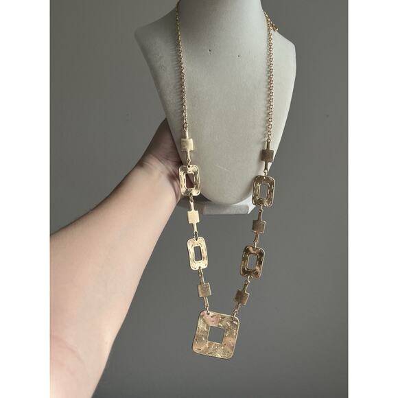 Vintage Textured Squares Gold Chain 38” Long Fashion Necklace - Picture 2 of 5